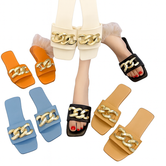 Women'S PU Cover Flat Sandals with Metallic Buckle - Square Toe Open Back Slides, Comfortable Rubber Sole for Beach, Casual & Formal Wear, Beach Shoes, Formal Footwear, Decorative Buckle, Durable Traction Footwear